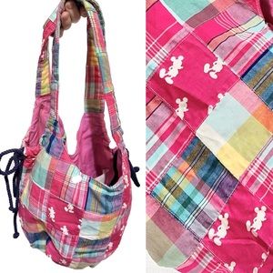VTG Disney Resort Hobo Bag Mickey Mouse Pink Madres Plaid Patchwork Purse Tote